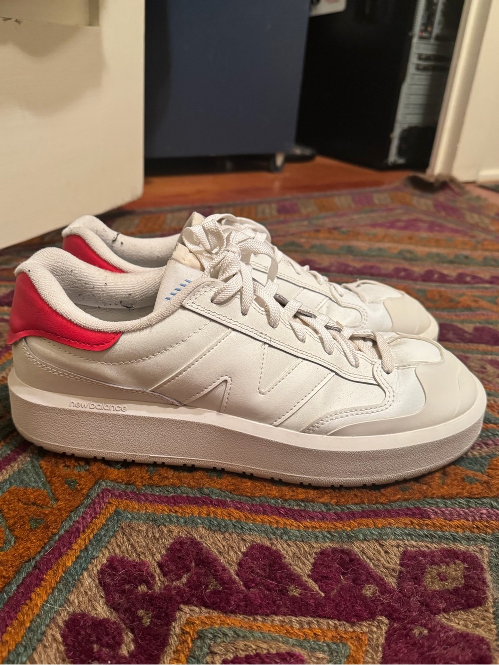 New Balance White Sneakers with Red Heel Panel